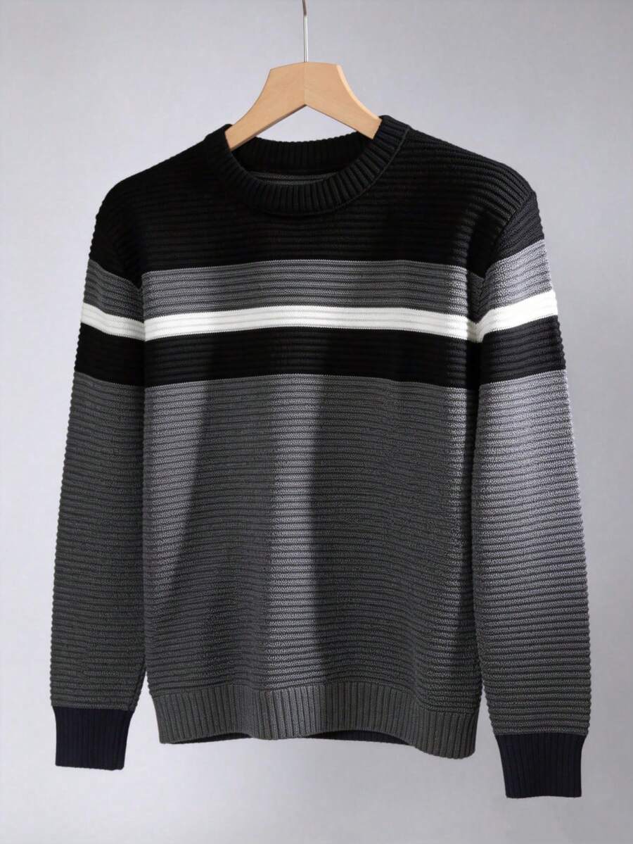 Men's Knitted Sweater, Round Neck, Long Sleeve, Premium Wool, Basic And Comfortable Winter Clothing - Preto com Chumbo - Xem 1
