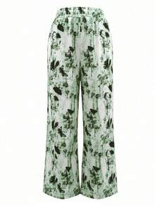 Women's High Waist Retro Black Butterfly Pattern Straight Leg Pants, Suitable For Casual Outings And Vacations In Spring/Summer - Green - View 4
