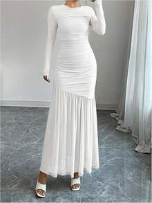 2026 Spring/Summer Best Sellers  Women's Ruched Mesh Patchwork Maxi Dress Long Sleeve Bodycon Ruffle Hem Long Dresses(Sequins/Rhinestones/Wedding Guest/Bodycon) - 巧克力棕 - 查看 4