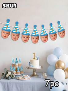 7/14/21pc Custom Photo & Number Birthday Hat Banner – Personalized Blue Striped Party Hat Garland With Face Photo | First Birthday, Back To School - Multicolor - View 11