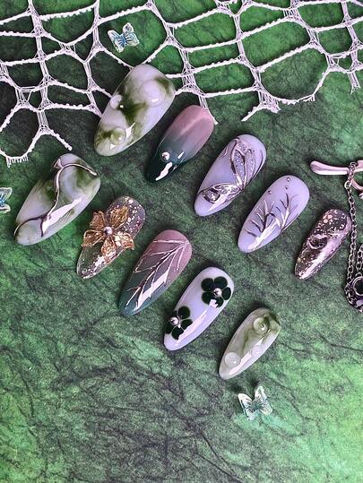 10片装女士春季美甲贴片，手工制作亚克力假指甲，绿色渐变，3D花叶美甲装饰，金箔和水钻点缀，光泽长杏仁形，可重复使用，适合婚礼、约会、派对、日常佩戴