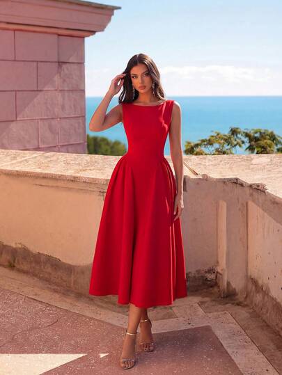 ADYCE High Waist Pleated Patchwork Back Tie Formal Gown, Suitable For Banquet, Party, Evening Wedding Spring Red