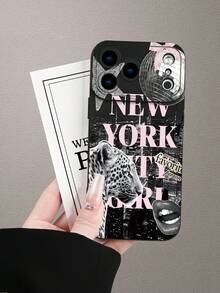 2D New York City Leopard Girl Disco Collage Pattern, Fashionable Creative Design, Waterproof Durable Anti-Dust Minimalist Matte Black Protective Phone Case With Camera Cutout, Compatible With IPhone 17/16/15/14/13/12/11/7/8/XR/XS/Plus/Pro/Pro Max And Galaxy S/A Series, Suitable As Gift For Friends, Family, Girlfriend, Boyfriend, Perfect For Holiday Gifts - Black - View 4