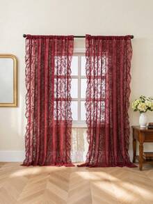 1pc French Countryside Style Floral Lace Trim Curtain Sheer, Holiday Decor - Red - View 4