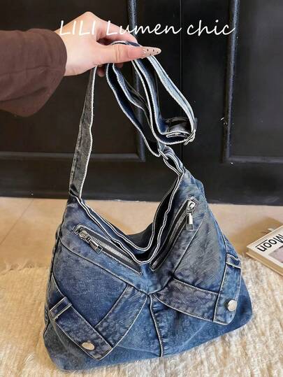 This Simple Blue Canvas Shoulder Bag Features Multiple Zippered Pockets And An Adjustable Shoulder Strap, Making It Suitable For Everyday Outings, Travel, And Casual Occasions. A Stylish Streetwear Choice For Young Women.