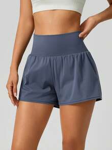 NcmRyu 1pc Women High Waist Hidden Pocket Lined Yoga Shorts Sports - Dark Green - View 8