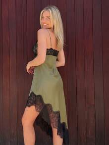 Vestido asimétrico de verano para mujer con tirantes finos y parches de encaje elegante - Verde - Ver 6