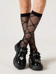 1 đôi tất nữ màu đen kẻ caro mỏng nhẹ cao đến đầu gối, kiểu dáng mùa hè siêu mỏng, món đồ thiết yếu cho trang phục hàng ngày. - Nhiều màu - Xem 4