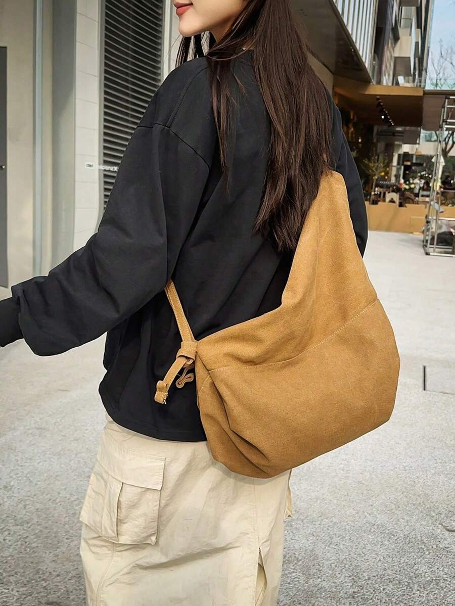 1 chiếc túi xách tay dáng dài (hobo) bằng vải canvas màu kaki trơn, dung tích lớn, có khóa kéo, thích hợp cho nữ và đi làm hàng ngày. - Nhiều màu - Xem 1