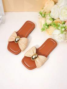 1 Pair Girls' Woven Slide Sandals, Breathable Non-Slip Casual Children Shoes - Brown - View 3