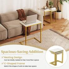 Nesting Coffee Table Set Of 3, Stackable Square End Table W/Faux Marble Tabletop & Heavy-Duty Metal Frame, Farmhouse C-Shaped Accent Table For Small Space, Living Room, Bedroom (White Gold) - White Gold - View 5