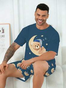 Plus Size Men's Pajama Set | Round Neck Short Sleeve Top And Elastic Waist Casual Shorts Two Pieces | Polyester Knit Fabric Skin-Friendly Breathable Loose Comfortable | Funny Sleepy Bear On The Moon Print Casual Design - Navy Blue - View 5