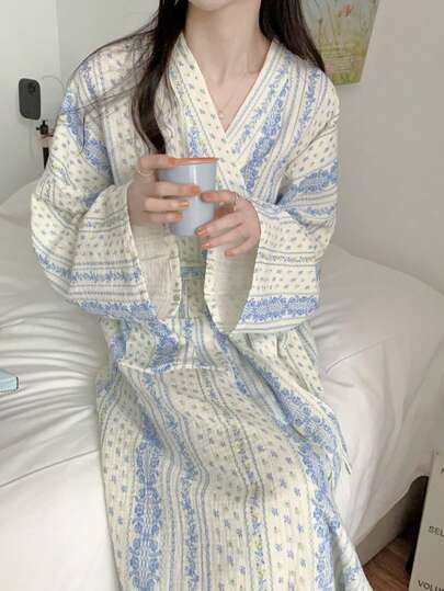 Roupão feminino de manga comprida, estilo minimalista europeu e americano, novo modelo xadrez azul para primavera/outono, pijama fino de manga comprida com estampa floral azul, cor sólida, ideal para usar em casa, cor merlot.