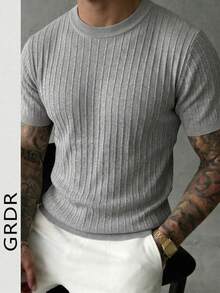 GRDR Men's Summer Ribbed Crew Neck Short Sleeve Knit Sweater, Suitable For Summer Outings, Essential For Fashionable Styling - Light Grey - View 5