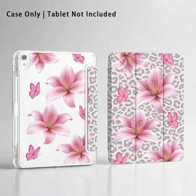 豹纹、蝴蝶和百合花图案亚克力水晶平板保护套，带支架，兼容荣耀/苹果/及其他主流机型，可折叠防弯折，硅胶加固边角，自动唤醒/睡眠功能，内置笔槽，多角度可折叠支架 - 日常完美保护，节日理想礼物