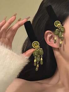 1 pieza Diadema con borlas verde oliva retro, clip para el cabello estilo chino nuevo, aretes de imitación para mujer, accesorios para el cabello elegantes - Multicolor - Ver 9