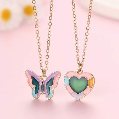 2pcs/Set Children's Cute & Fashionable Macaron Color Mood Changing Ink Butterfly & Heart Pendant Necklace Set, Suitable For Daily Wear, Gift, Holiday