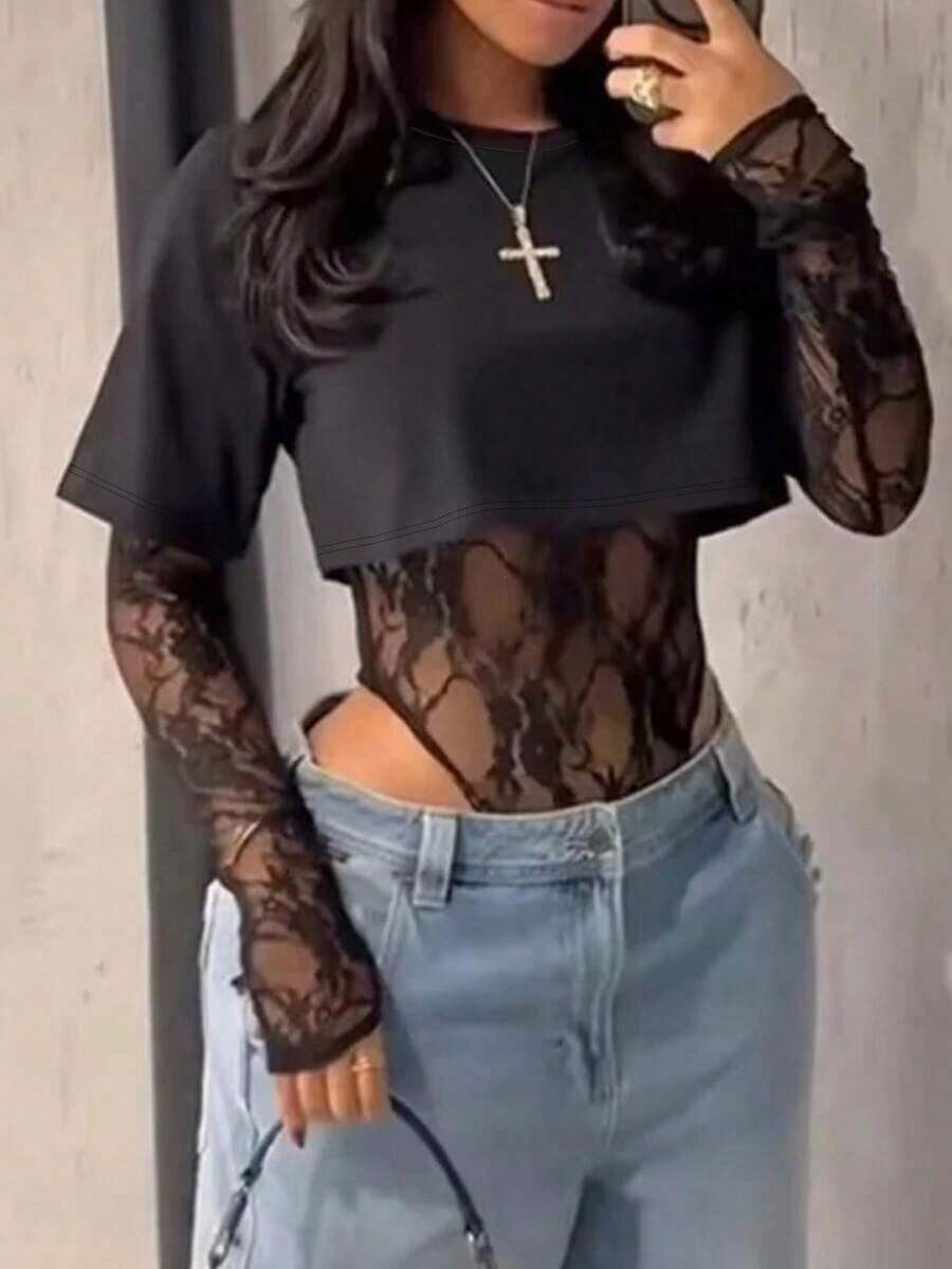 corta de mujer de encaje transparente de manga corta, body sexy de unicolor con parches de encaje transparente para uso diario, citas, fiestas de solteros, actuaciones en el escenario, elegante para primavera/verano en color negro - Negro - Ver 1