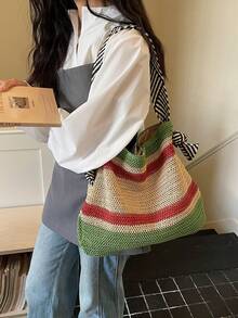Black & White Zebra Stripe Shoulder Strap Woven Bag, Relaxed Vibe Vacation Beach Casual Shoulder Bag, Versatile Everyday Commute Shopping Tote, Woven Bag For Beach Trip, Student - Green - View 9