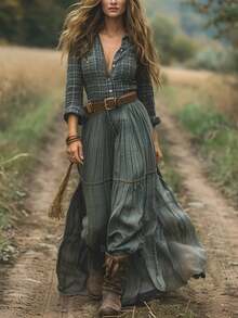 Women's Boho Elegant Deep V Neck Plaid Long Sleeve Button Maxi Dress With Flared Hem, Perfect For Fall Women Clothes - Grey - View 1