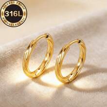 High Quality 316L Stainless Steel Hypoallergenic Golden Earrings, Plum Blossom Twist Round Hoop Earrings In Gold & Silver Color, Tarnish Resistant, Comfortable & Versatile, Minimalist Elegant Design, Suitable For Daily Wear Or Parties, Fashion Jewelry Gift For Women - Golden - View 1