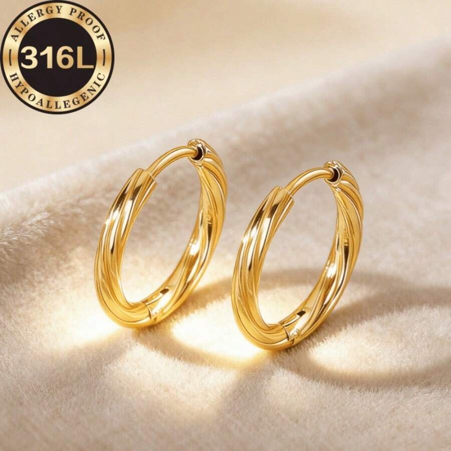 High Quality 316L Stainless Steel Hypoallergenic Golden Earrings, Plum Blossom Twist Round Hoop Earrings In Gold & Silver Color, Tarnish Resistant, Comfortable & Versatile, Minimalist Elegant Design, Suitable For Daily Wear Or Parties, Fashion Jewelry Gift For Women - Golden - View 1