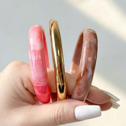 3pcs/Set European And American Tie Dye Geometric Round Resin Bracelet, Personalized Alloy Round Bangle For Women