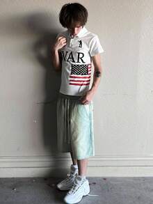 Y2K White American Flag Graphic Polo Shirt | Oversized Streetwear Vintage Military Slogan Casual Top - trắng - Xem 3