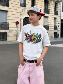 2026 World Cup Animal Landmark 2026 Print Boys Cotton Short Sleeve T-Shirt World Cup Watching/Fan Wear - trắng - Xem 2