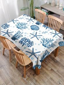 1 pieza Mantel con estampado de estrella de mar y coral de la serie Océano, mantel rectangular/redondo moderno de poliéster impermeable, impresión digital adecuada para sala de estar, mesa de comedor al aire libre, mesa redonda pequeña - Multicolor - Ver 4