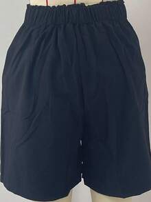 Damen Shorts aus schwarzem gewebtem Stoff, mit Knopfverzierung und Taschen, kurze Länge, nicht dehnbar, Sommer - Schwarz - Übersicht 5