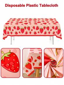 1件裝 草莓塑膠桌巾，甜美草莓圖案 130*220cm 長方形一次性桌布，生日裝飾、居家廚房餐廳餐桌布置、婚禮、春夏假期裝飾 - 粉紅色草莓 - 查看 6