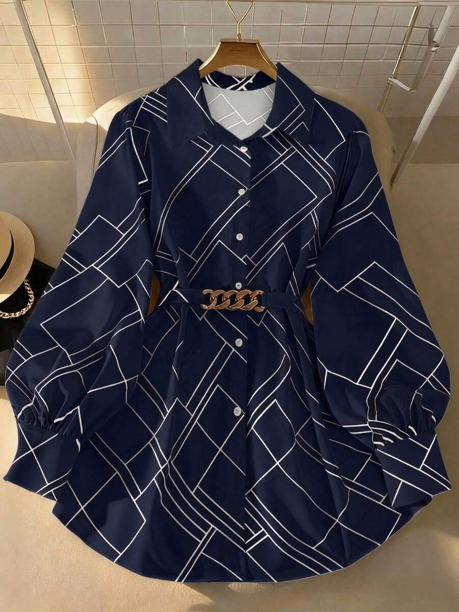 大尺碼女款春夏時尚日常通勤金屬腰帶燈籠袖中長版襯衫，適合春季、辦公穿搭、約會、婚禮賓客服裝