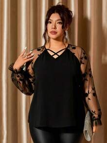 Plus Size Women Lace Patchwork Raglan Sleeve Fashionable Versatile Top Spring Black - Black - View 6