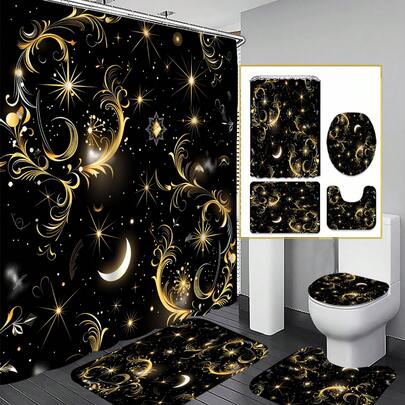 Bộ 1/3/4 rèm tắm phòng tắm màu đen vàng họa tiết sao, trăng, hoa; Thiết kế cổ điển sang trọng, chống thấm nước và bền, kích thước 71"X71", bao gồm 12 móc treo, bọc bồn cầu, thảm tắm và thảm trải sàn, nhiều kích cỡ rèm tắm và bộ đồ dùng đồng bộ, thích hợp cho trang trí ngày lễ, trang trí phòng, tân gia, rèm phòng tắm, bộ đồ dùng phòng tắm, phụ kiện phòng tắm, đồ dùng cần thiết khi đi du lịch, quà tặng tuyệt vời cho mùa tựu trường/tốt nghiệp/Ngày của Mẹ.