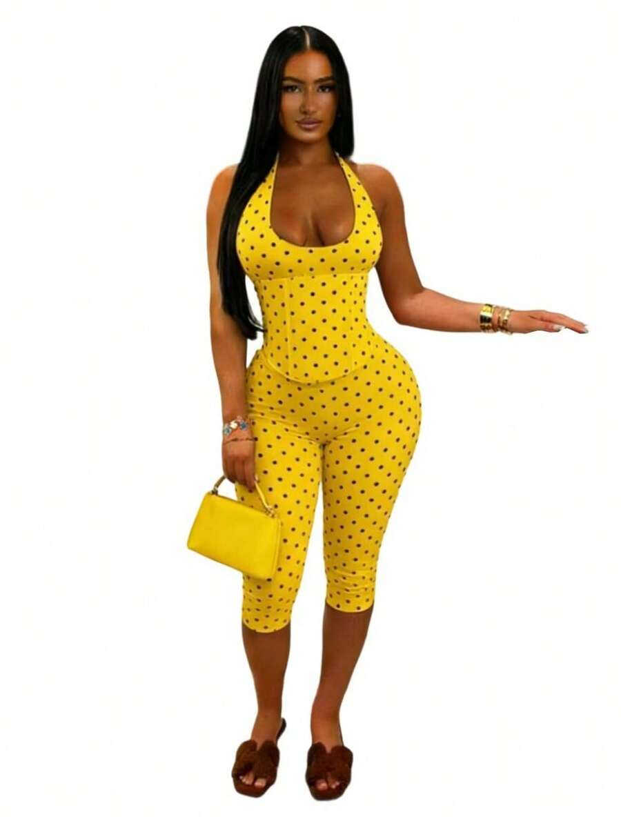 2026 Fashion Simple Temperament Women's Dress Hanging Neck Wave Point Fishbone Zipper Waist Seven-Point Jumpsuit - 黃色 - 查看 1