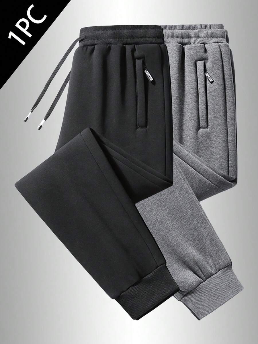 1 pieza Pantalones deportivos casuales para hombre, tela suave y amigable con la piel, bolsillos con cremallera y diseño de cintura con cordón, adecuado para actividades al aire libre2 - Negro - Ver 1