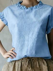 Blouse à manches courtes en lin français rétro élégante pour femmes, style vacances. Col rond volant, manches à volants, coupe ample et décontractée. Style forêt d'été - Bleu ciel - Voir 3