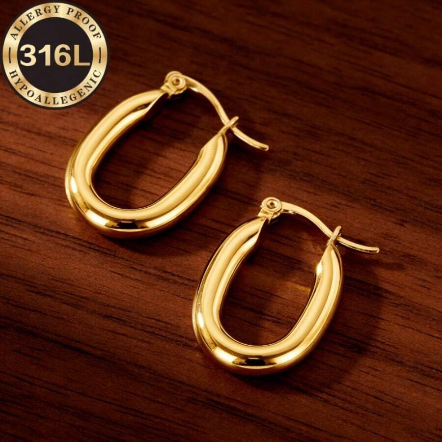 High Quality Golden | Silvery Stainless Steel Earrings, Oval Shaped, Hypoallergenic, Fade-Resistant, Skin-Friendly, Suitable For Daily Wear, Formal Events, Weddings, An Exquisite Gift For Women - Golden - View 1