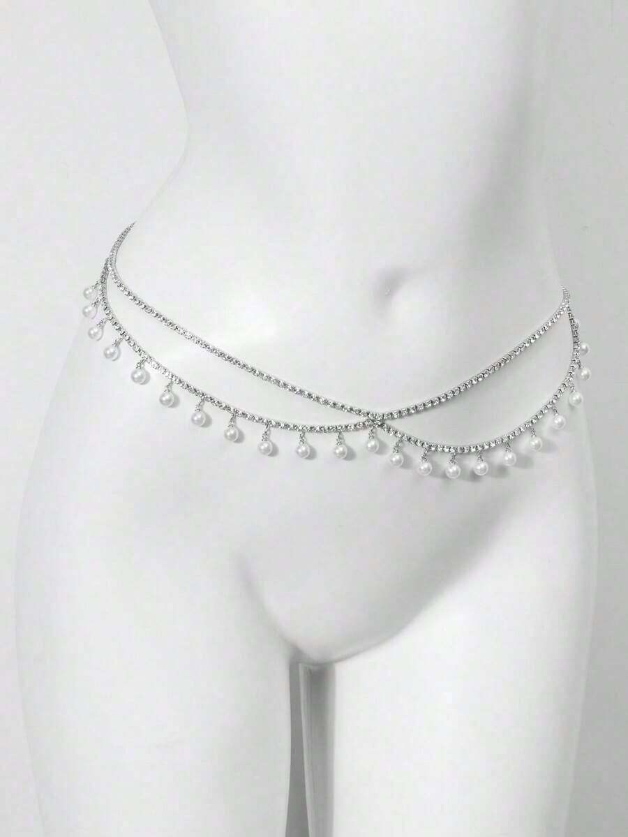 1 pieza Cadena de cintura con colgante de borla de perla falsa francesa, elegante y lujosa para mujeres - Oro 2 - Ver 1