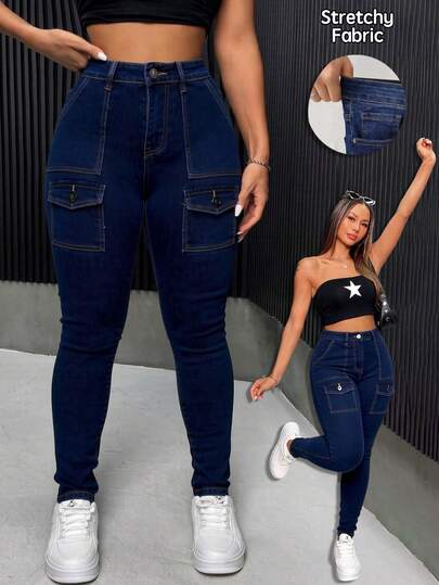 Pantalones de mezclilla skinny cargo lavado, elásticos, con múltiples bolsillos con botón, efecto levantador de glúteos, control abdominal y puños ajustados