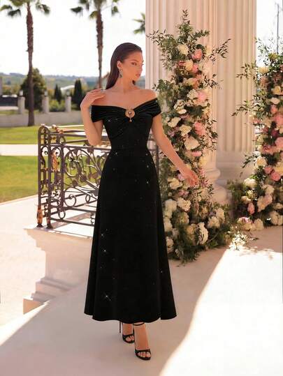 HOMEYEE 女士优雅露肩亮片长裙，无袖鸡尾酒礼服，完美适用于正式场合和派对