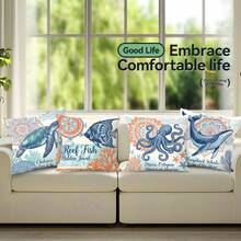 4 Stücke Boho Meereskreatur Illustration Pfirsich Samt einseitig bedruckte Kissenbezüge, 100% Polyester, Wohnzimmer Sofa Schlafzimmer Dekoration, Atmosphäre Stil, ohne Kissenfüllung, 40x40cm/45x45cm/50x50cm - Mehrfarbig 03 - Übersicht 6