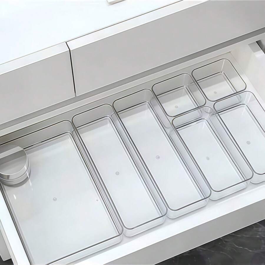 1/4/7 piezas Cajas organizadoras de cajón transparentes y claras, contenedores de almacenamiento de artículos pequeños minimalistas, soporte para herramientas de maquillaje y cosméticos, solución de organización de escritorio apilable para dormitorio, baño y cocina