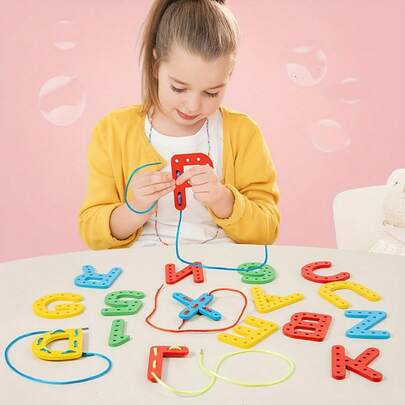 Wooden Letter & Number Lacing Toys, Early Education Cognitive Toys, Focus And Hand-Eye Coordination Training, Parent-Child Interactive Puzzle Gifts