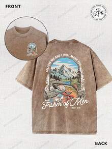 Matthew's Gospel, Fishing, Fisherman, Religion, 230g Double-Sided Printed Batik Vintage Washed T-Shirt, 100% Cotton, Comfortable For Summer Wear, Simple And Casual, Men's Cool Short-Sleeve T-Shirt - 咖啡棕 - 查看 6