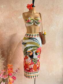 Bộ đồ 2 mảnh gợi cảm dành cho nữ, họa tiết nhiệt đới, kiểu áo croptop và chân váy ngắn, thích hợp cho kỳ nghỉ hè. - Nhiều màu - Xem 5