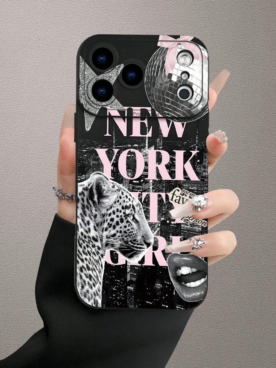 2D New York City Leopard Girl Disco Collage Pattern, Fashionable Creative Design, Waterproof Durable Anti-Dust Minimalist Matte Black Protective Phone Case With Camera Cutout, Compatible With IPhone 17/16/15/14/13/12/11/7/8/XR/XS/Plus/Pro/Pro Max And Galaxy S/A Series, Suitable As Gift For Friends, Family, Girlfriend, Boyfriend, Perfect For Holiday Gifts - Black - View 1