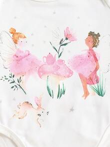 Set de 3 piezas Enterizo de bebé con estampado de niña bailando y flores para recién nacidos - Blanco - Ver 5