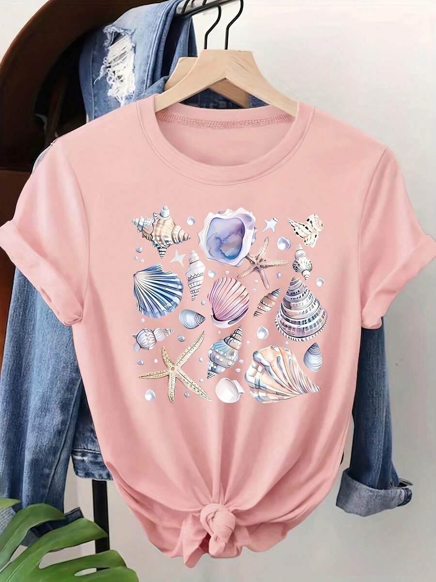 Mother's Day Mama Bear Graphic Tee 100% Cotton Light Blue Underwater Marine Life "Shell" Pattern Print - Vibrant Ocean Casual Crew Neck Short Sleeve T-Shirt - Spring/Summer - Suitable For Daily Wear Breathable Cotton Tee, All Match - 粉色 - 查看 1